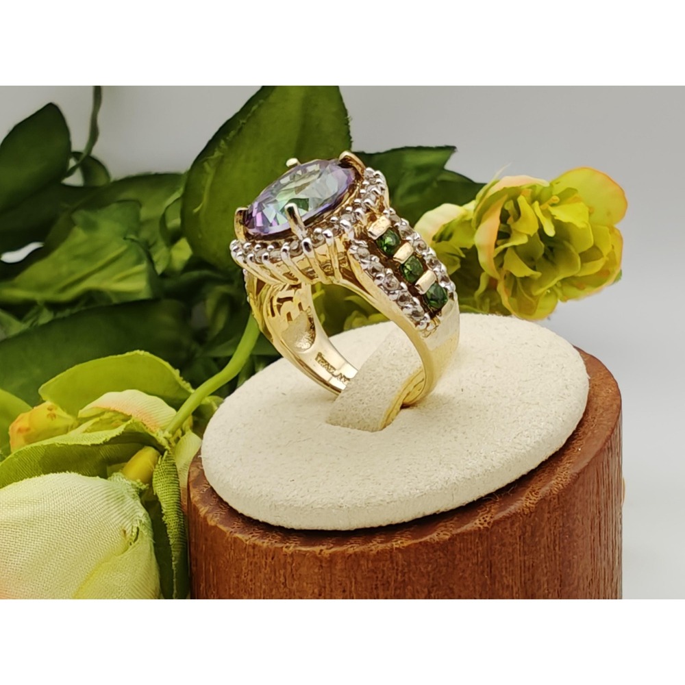 Mystic Topaz Halo Statement Ring Women Size 6 Yellow Sterling Silver Rhinestone